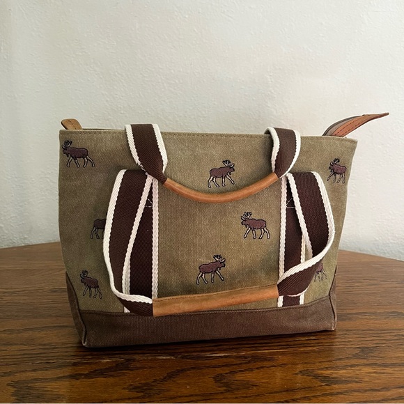 Vintage L.L Bean Embroidered Moose Boat & Tote Bag With Leather Handles - Picture 2 of 10